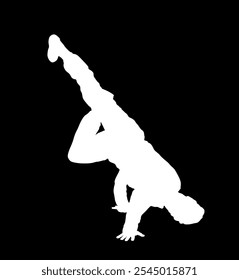 Bruch Tanz Junge Vektorsilhouette Illustration einzeln auf schwarzem Hintergrund. Moderne städtische Tänzerausstellung. Attraktive Athlet Mann Form Performer Geschicklichkeit Straße. Fit Sport Gymnastik Figur Schatten