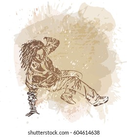 Break dance dancer on handcrafted splash, modern trend background. Vector illustration. Good for flayer, web, banner, print, party invitation.