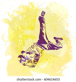 Break dance dancer on handcrafted splash, modern trend background. Vector illustration. Good for flayer, web, banner, print, party invitation.