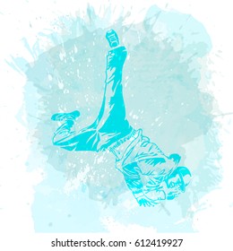 Break dance dancer on handcrafted splash, modern trend background. Vector illustration. Good for flayer, web, banner, print, party invitation.