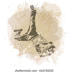 Break dance dancer on handcrafted splash, modern trend background. Vector illustration. Good for flayer, web, banner, print, party invitation.
