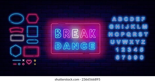 Break dance neon emblem. Hip hop music. Colorful handwritten text. Disco party. Glowing sign. Shiny blue alphabet. Geometric frames collection. Light badge. Editing text. Vector stock illustration