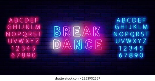 Break Tanz Neon Label. Hip-Hop-Musik. Nachtclub. Disco-Party. Leuchtendes Schild. Das hellblaue und rosafarbene Alphabet. Farbiger, handgeschriebener Text. Lichtzeichen. Bearbeiten von Text. Vektorgrafik