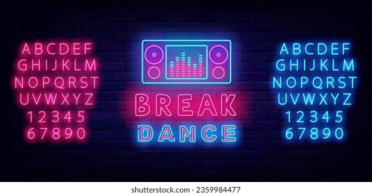 Break dance neon label. Hip hop music. Colorful handwritten text. Disco party. Glowing sign. Shiny pink and blue alphabet. Music player icon. Light badge. Editing text. Vector stock illustration