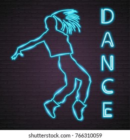 Break Dance Neon Light Glowing Vector Illustration Blue Colour