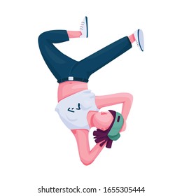 Break dance performer flat color vector faceless character. Stylish teenager standing on hand. Hip hop dancer show isolated cartoon illustration for web graphic design and animation