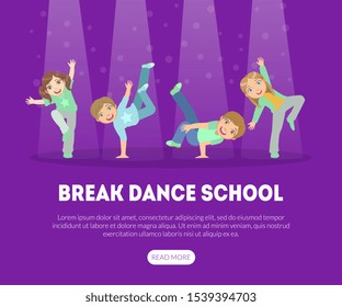 Break Dance School Landing Page Template, Contemporary Choreography Education Banner Vector Illustration