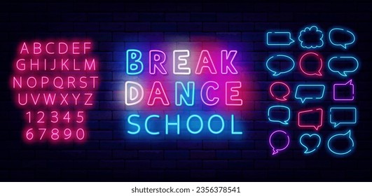 Break Tanz Schule Neon Label. Hip-Hop-Musik. Farbiger, handgeschriebener Text. Disco-Party. Leuchtendes Schild. Das glänzend rosa Alphabet. Reden Blasen Rahmen Set. Lichtzeichen. Bearbeiten von Text. Vektorgrafik