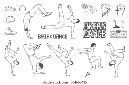 Break Dance silhouettes man and outfit. Set of Breakdance Bboy Silhouettes in Different Poses. Up, Down, On a Floor, On a Head, Jump, Twist, Rotate. Silhouette of young man dance Hip-hop with graffiti svg