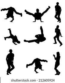 Break dance vector silhouette, break dance group isolated on white background. 