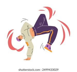 Break dancer in action, dynamic pose. Vector breakdancer handstand. Teenager dancer hip hop performance. Cartoon cool boy dancing street dance with movement lines. Urban freestyle trend