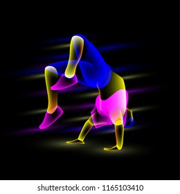 Break dancer doing back flip. Abstract neon transparent overlay street dance illustration.