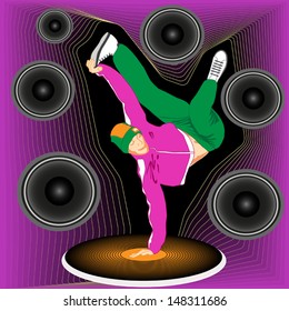 Break dancer during battle or party on abstract background with vinyl player and loudspeakers svg