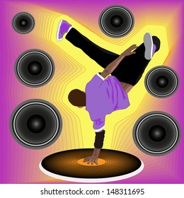 Break dancer during battle or party on abstract background with vinyl player and loudspeakers