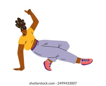 Break dancer dynamic pose. Vector breakdancer in action. Teenager dancer hip hop performance. Cartoon cool afro girl dancing street dance. Urban freestyle trend. Hip hop culture concept