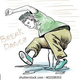 Break dancer. Hand drawing sketch. Free hand technique. Watercolor texture. Vector.
