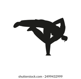 Break dancer handstands black silhouette. Vector breakdancer in action. Teenager dancer hip hop performance. Cartoon cool boy dancing street dance. Urban freestyle trend. Hip hop culture concept