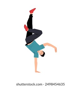 Break dancer handstands dynamic pose. Vector breakdancer in action. Teenager showing hip hop performance. Cartoon cool boy dancing street dance isolated on white. Urban freestyle trend