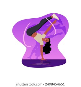 Break dancer handstands dynamic pose. Vector breakdancer in action. Cartoon cool girl showing street dance in decorative frame. Teenager showing hip hop performance. Urban freestyle trend