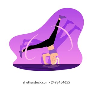 Break dancer handstands dynamic pose. Vector breakdancer in action. Cartoon cool girl showing street dance in purple decorative frame. Teenager showing hip hop performance. Urban freestyle trend