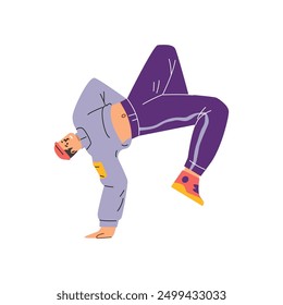 Break dancer handstands. Vector breakdancer in action. Teenager dancer hip hop performance. Cartoon cool boy dancing street dance. Urban freestyle trend. Hip hop culture concept