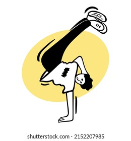 Break dancer performing stunts. B-boy jumping. Street dance kick move. Black and white character on yellow circle background. Sketch style vector design illustrations. svg