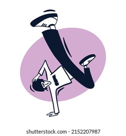 Break dancer performing stunts. B-boy jumping. Street dance handstand move. Black and white character on violet circle background. Sketch style vector design illustrations. svg
