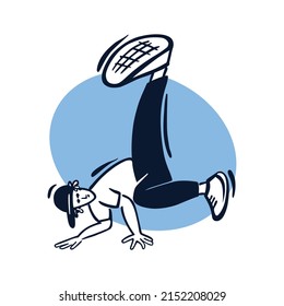 Break dancer performing stunts. B-boy jumping. Street dance boomerang move. Black and white character on blue circle background. Sketch style vector design illustrations. svg
