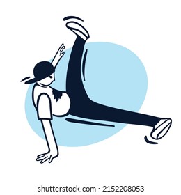 Break dancer performing stunts. B-boy jumping. Street dance flare move. Black and white character on light blue circle background. Sketch style vector design illustrations. svg