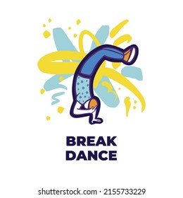 Break dancer performing stunts. B-boy jumping on the color splash background. Street dance kick move. Postcard, sticker design template. Funky style vector illustrations.