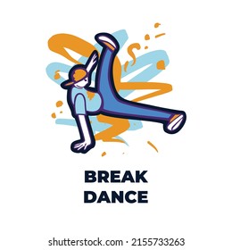 Break dancer performing stunts. B-boy jumping. Street dance flare move. Bright colorful character on the color splash background. Funky style vector design illustrations. svg