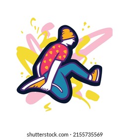 Break dancer performing stunts. B-boy jumping. Street dance move. Bright colourful character on the color splash background. Funky style vector design illustrations. svg