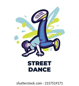 Break dancer performing stunts. B-boy jumping. Street dance boomerang move. Bright colourful character on the color splash background. Funky style vector design illustrations. svg