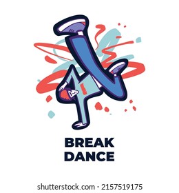 Break dancer performing stunts. B-boy jumping. Street dance handstand move. Bright colourful character on the color splash background. Funky style vector design illustrations.