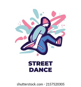 Break dancer performing stunts. B-boy jumping postcard. Street dance move. Bright colourful character on the color splash background. Funky style vector design illustrations. svg