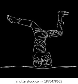 Break dancer stands on his head vector illustration continuous curve line hip hop style. Breakdancing head rotation acrobatic posing