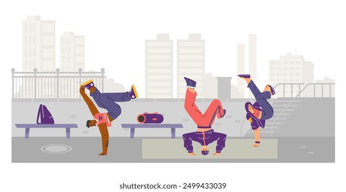 Break dancers dynamic poses on cityscape. Vector breakdancer in action. Teenager dancers hip hop performance. Cartoon cool boys and girl dancing on the street. Urban freestyle trend