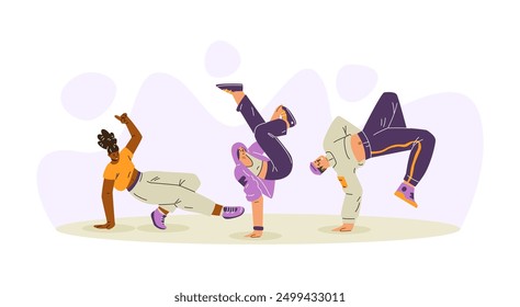 Break dancers dynamic poses. Vector breakdancer in handstands action. Teenager dancers hip hop performance. Cartoon cool boy and girl dancing street dance. Urban freestyle trend, Hip hop culture