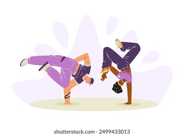 Break dancers handstands. Vector breakdancer in action. Teenager dancers hip hop performance. Cartoon cool boy and girl dancing street dance. Urban freestyle trend. Hip hop culture concept