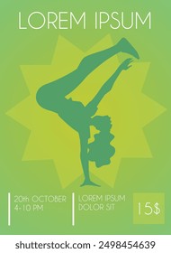 Break dancing woman silhouette on vector invitation or advertising poster. Cartoon cool girl showing street dance on green decorative background. Urban freestyle trend, hip hop performance