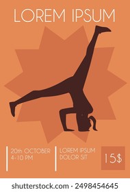 Break dancing woman silhouette on vector invitation or advertising poster. Cartoon cool girl showing street dance on orange decorative background. Urban freestyle trend, hip hop performance