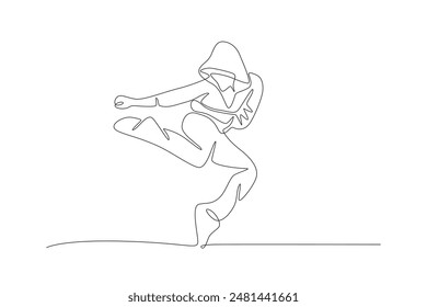 Break dancing woman wearing a hoodie. Break dancing concept one-line drawing