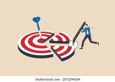 Break down big goal into small achievable goals, success strategy to focus on short, medium and long term goals to achieve final accomplishment, businessman break down dartboard target into chunks.