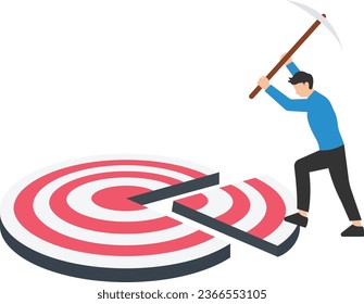 Break down big goals into small achievable goals, Success strategy to focus on short, Medium and long term goals to achieve final accomplishment, Man break down dartboard target into pieces

