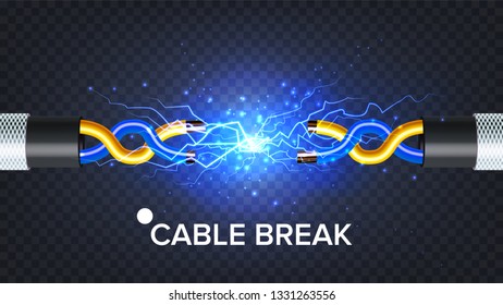 Break Electric Cable Vector. Electric Arc Power. Electricity Energy. 3D Realistic Isolated Illustration