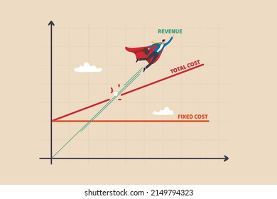 Break even point, business strategy plan revenue growing up to break point and business earn profit, success company growth concept, businessman super hero flying as revenue on break even diagram.