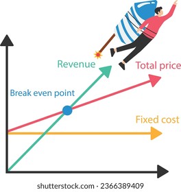 Break even point, business strategy plan revenue growing up to break point and business earn profit, Success company growth, Super hero flying as revenue growth

