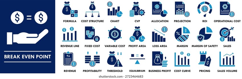 Conjunto de colección de iconos de duotono de punto de equilibrio. Diseño que contiene negocios, beneficios, finanzas, análisis, ingresos, estrategia