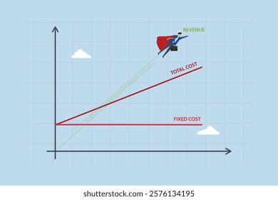 Break even point, entrepreneur super hero soaring as income on breakeven chart. 