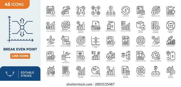 Break Even Point line editable icon set. containing cost analysis, profit margin, sales revenue, financial planning, business model, cash flow, and more. Editable stroke. Vector illustration